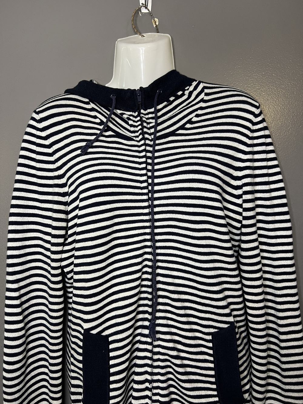 French Connection Sweater Womens Medium Blue Striped Hooded Full Zip Hoodie